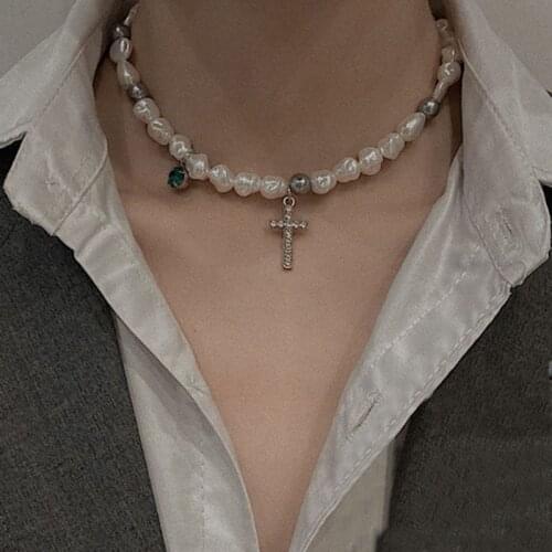 Fashion Pearl Choker necklace cross for Women Girls Cross Pendant necklace Punk Hip hop Neck Chain Beads Choker Fashion collars