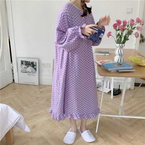 100% cotton polka dot nightgown women long sleeve loose home dress ruffles spring autumn crepe soft comfortable nightdress L557