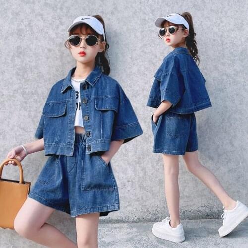 Teen Girls Clothing Set Short Sleeve Denim Jacket Shorts Two Pieces 2021 Summer Fashion Cool School Kids Tracksuit Child Outfits