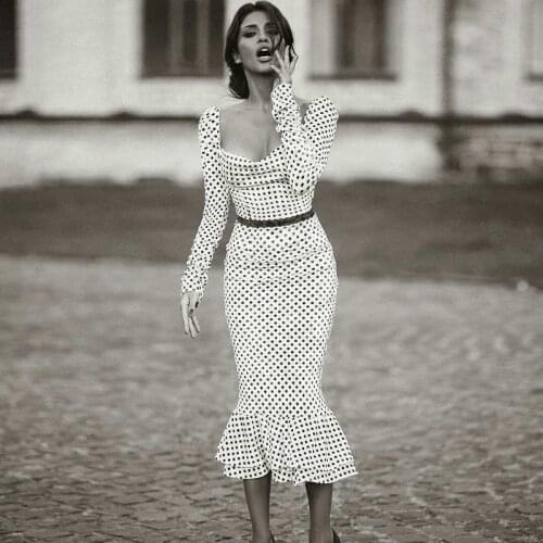 Elegant White Knotted Strap Polka-dot Mermaid Hem Summer Pencil Midi Dress Women Slim Bodycon Office Lady Ruffle Dresses 2021New