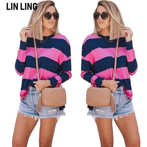 LINLING Light Mature Temperament Womens Long Sleeve Stripe Stitching Top Contrast Round Neck Loose Pullover