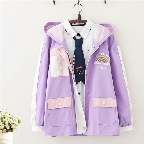 Rainbow Pink Soft Warm Coat with Hooded 2021 Winter New Embroidery Color Blocking Long-Sleeve Loose Hoodies Cute Coats for Women