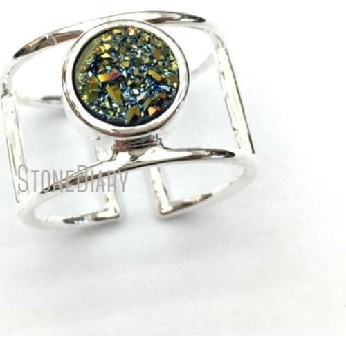 RM12698 Discount Copper Ring Double Wrapped Blue Green Aura Titanium Druzy Crystal Silver Electroplated Circle Ring Adjustable