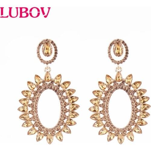 LUBOV Ellipse Shaped Hollow Design Drop Erarrings Big Brand Luxury Starburst Pendant Crystal Gem Statement Earrings Jewelry