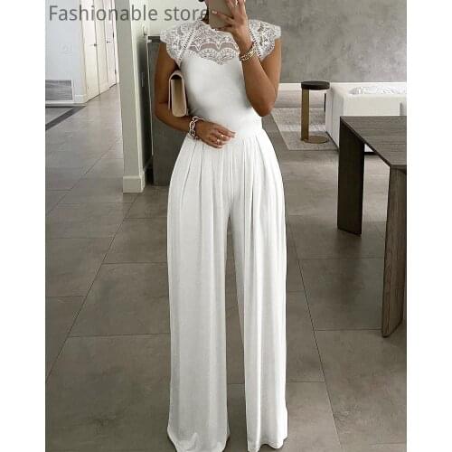 Women Elegant Solid Color Lace Patchwork Wide Leg Jumpsuits