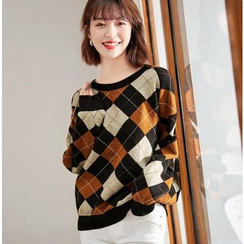 2021 autumn loose knit bottomed sweater diamond check women top