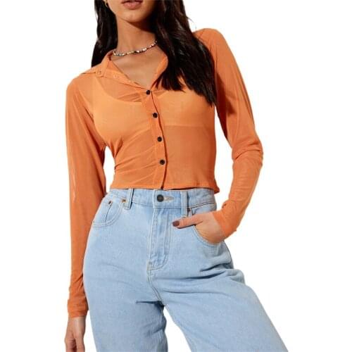 2021 New Female Shirt Summer Solid Color Turn-Down Collar Long Sleeve See-Through Tops for Adults S/M/L