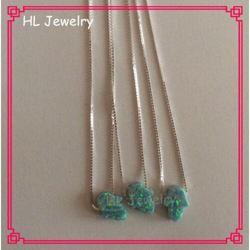 30PCS/ Lot 925 Silver Op03 Light Green Opal Hamsa Necklace 8*10mm Tiny Hand Opal Necklace