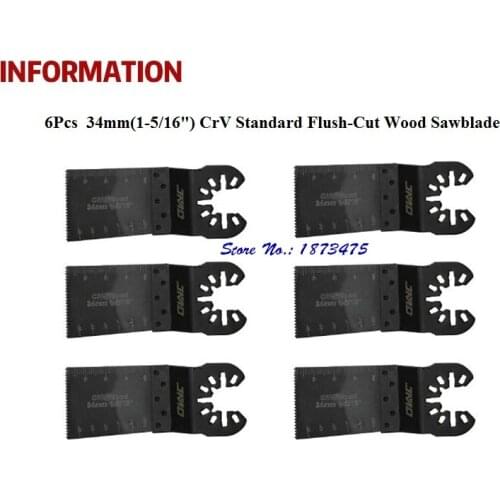 6Pcs 34mm(1-5/16") CrV Standard Flush-Cut Wood Sawblade, OSCILLATING MULTITOOL BLADE SET 1800M-6