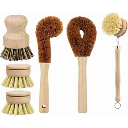 6 Piece for Vegetable, and Kitchen Dish Cleaning, Sisal & Coconut Fibers with Bamboo Handles, Zero Waste & Biodegradable Kitchen