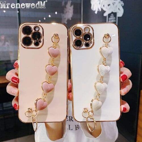 Candy Color Heart Bracelet Phone Case For iPhone 11 12 Pro Max Mini XS X XR 7 8 Plus SE 2020 Plating Protective Cover With Chain
