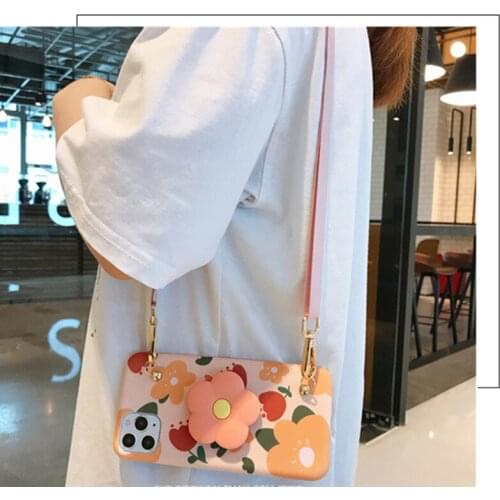 For iphone 12 pro max case 11pro max 7 8 plus XS MAX SE2 X XR 12 Cute Flower Liquid Silicone Crossbody Shoulder Strap Phone Case