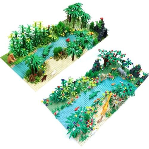 DIY Small Particle Tropical Rain Forest Scenery and Hunters Reclusive Life Bricks Toy with 4Pcs Baseplates - Type 1