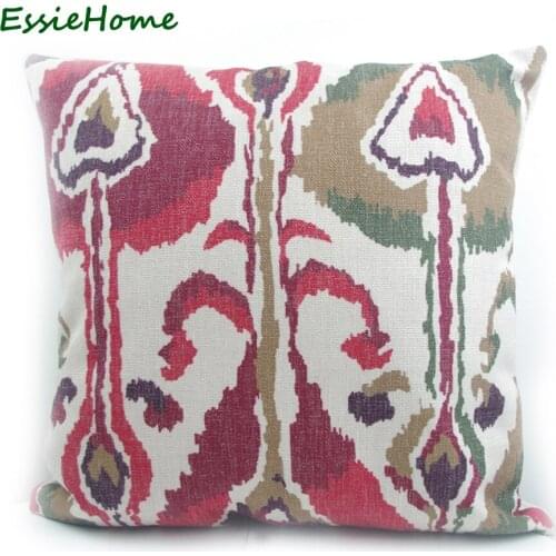 ESSIE HOME High-End Hand Print Light Dark Red Green Brown Ikat Pattern Pillow Case Cushion Cover Sofa Vintage Look Home Decorati