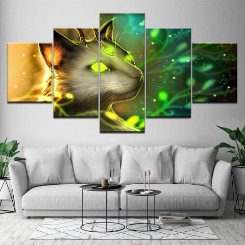Canvas Painting Home Decor Living Room Modular Print Poster 5 Panel Animal Beautiful White Cat Glowing eyes Wall Art Picture