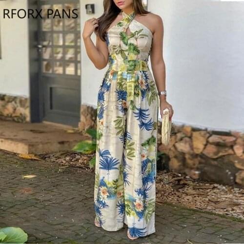 Crisscross Halter Tropical Print Jumpsuits