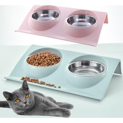 Double Pet Bowls Stainless Steel Food Water Feeder Cat Food Bowl Feeding Drinking Dishes For Dog Puppy Cats Pets Supplies