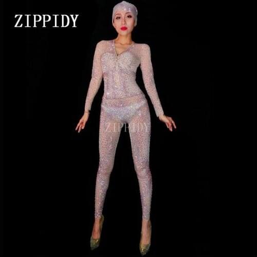 Fashion Sexy Silver Full Rhinestones Mesh Jumpsuit Women Celebrate Perspective Bodysuit Belt Costume Performance Evening Wear