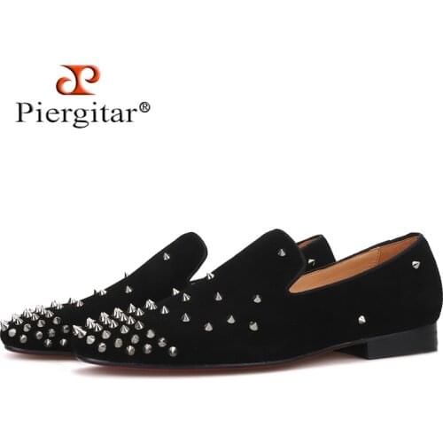 Handmade men black Cow Suede shoes with silver spikes Fashion brand CL same designs men loafers red bottom mens flats plus size