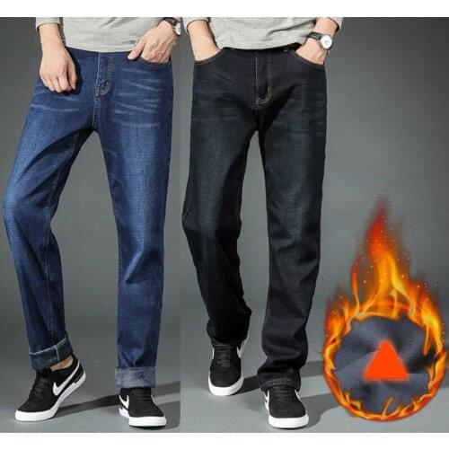 Mens Winter Thick Thermal Jeans Fleece Lined Denim Pants Cotton Warm Trousers