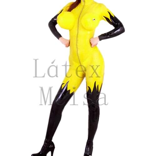 Inflatable breast decorations 100% natural latex catsuit women with flame designs main in yellow color