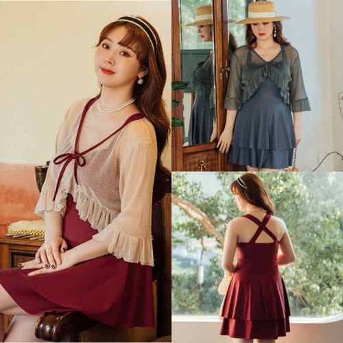 Korean New Two-Piece Large Size Hot Springs Cover Belly Slimming Conservative Pleated Lace-Up Blouse Swimsuit Women Small Fresh