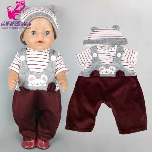 Doll clothes 40cm 43 cm reborn Baby Doll grey stripe shirt pant hat for 17 inch Doll overall outwear