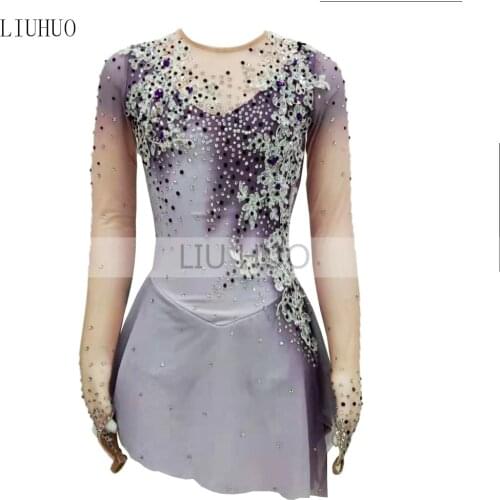 LIUHUO Figure Skating Dress Womens Girls' Ice Roller Competition Gray Tights Performance Leotard Dance Adult Gymnastics Kid