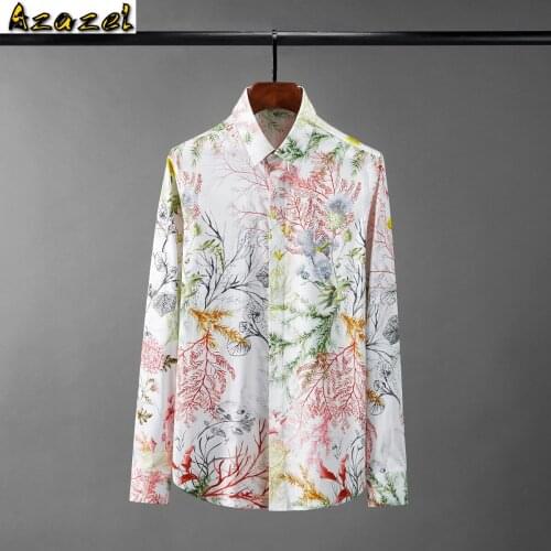 Azazel 100% Cotton Mens Shirts High Quality Long Sleeve Seaweed Digital Printed Male Shirts Slim Fit Party Mens Dress Shirts 4xl