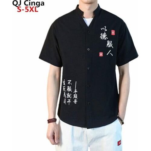Summer New Black V Neck Short Sleeve Shirt Men Single Breasted Chinese Style Print Shirts Fashion Casual Top Camisa Big Size 5XL
