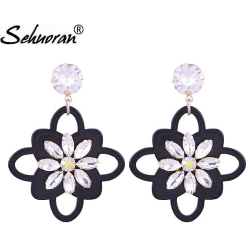 Sehouran Drop Earrings For Woman Flower Resin Shell With Stone Crystal Earrings Long Pendants Luxury Long Earrings Jewelry