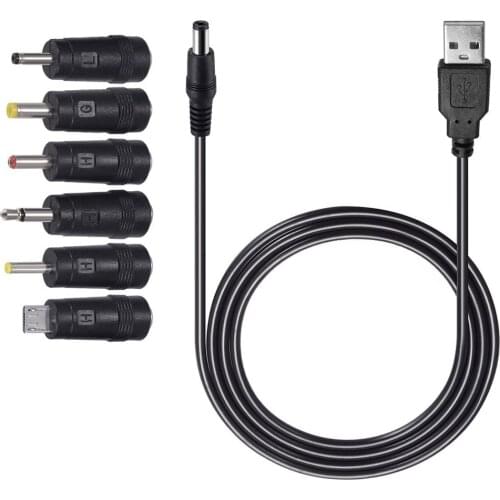 USB Charging Cable to Universal 5.52.1 Jack with 6 Interchangeable DC Plugs 2.50.7mm, 3.01.1mm, 3.51.35mm, 4.01.7mm & Micro USB