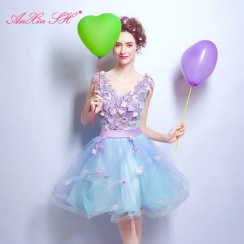AnXin SH vintage Blue flowers lace deep v -neck short paragraph bride Princess flower luxury beading evening Dresses 2535