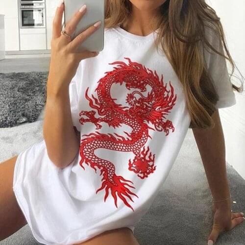 New Hot Vintage Style Chinese Dragon Pattern Print Women T-shirt Summer Harajuku Plus Size Loose Print Top Tee Punk Oversized