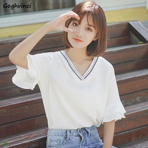 T-shirts Women Summer Embroidery V-neck All-match Korean Style Simple Butterfly Sleeve Casual Fashion Chic Ulzzang Retro Tshirts