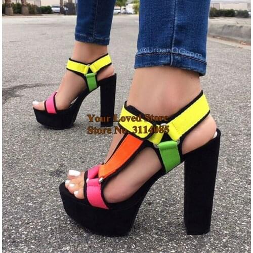 Women Lemon Yellom Mixed Color Thick High Heels Sandals High Platform Dress Shoes Metal Buckle Strap Pink Wedding Pumps Dropship