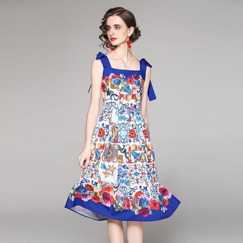 Summer Clothes Dresses For Women 2021 Runway Fashion Print Vintage Dress Bow Spaghetti Strap Elegant Midi Dress k7386