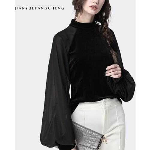 2019 Fashion Spring Fall Black Velvet Blouse Long Lantern Sleeve O-Neck Plus Size Ladies Top Elegant Workwear Chiffon Blouses