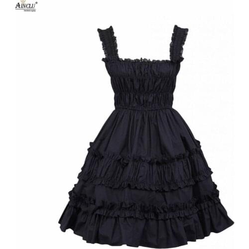 Ainclu Cemavin Womens Cotton Black Lace Ruffles Classic Gothic "European and American Style Casual Party Lolita Sling Dress