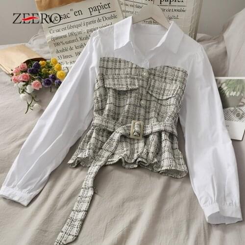 Spring Korean Women Plaid Splicing Long Sleeve Lapel Pearl Buttons Belt Slim Top Female Vintage Blouses Shirt Fake Two Shirts