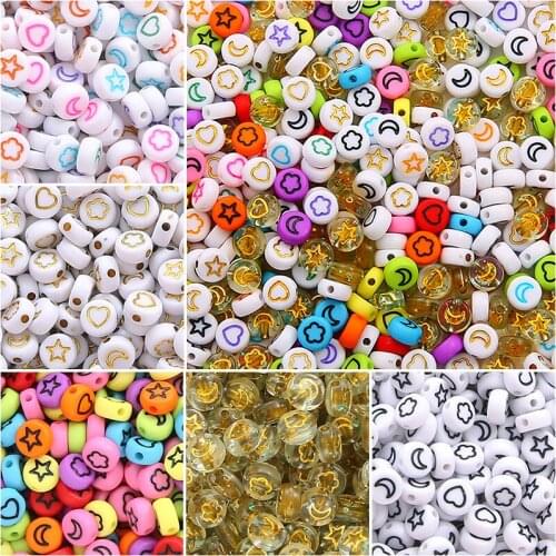 100pcs 7mm Mixed Color Flower Round Flat Beads Jewelry Making Star and Mood Spacer Acrylic Beads for Handmade DIY Accessories M4