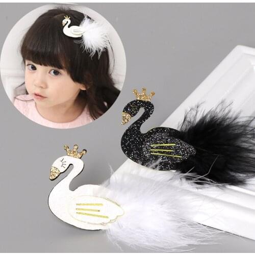 Children Glitter Swan Hair Clips Baby Girls Cute White/Black Gold Crown Feather Princess Hairpins Lovely Kids Hair Accessories