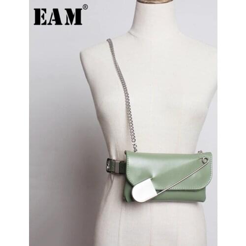 [EAM] Pu Leather Big Pin Metal Chain Mini-bag Long Belt Personality Women New Fashion Tide All-match Spring Autumn 2021 1A982
