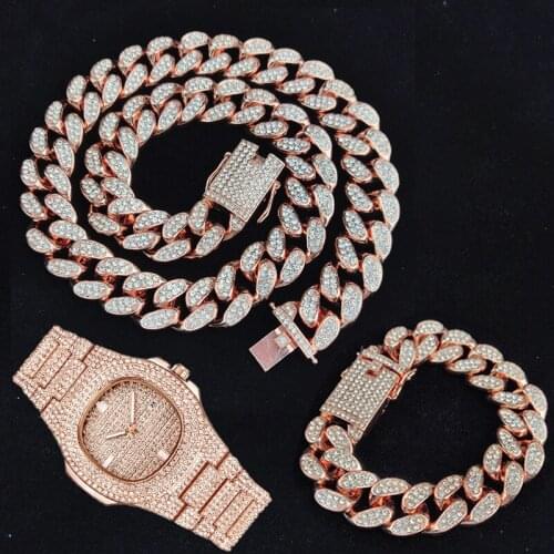 3pcs Kit Hip Hop 20MM Heavy Iced Out Paved Rhinestone CZ Miami Curb Cuban Bling Necklace+Watch+Bracelet For Men Jewelry
