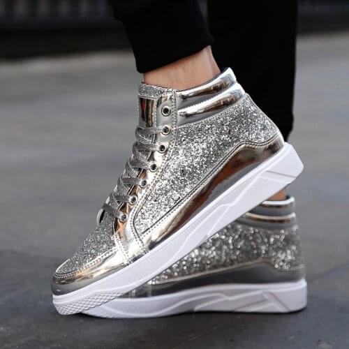 Bling Plus Size 45 High Top Sneakers Men Fashion New Casual Shoes for Mens Sneakers Lace Up Gold Silver Black Hip Hop Shoes Man