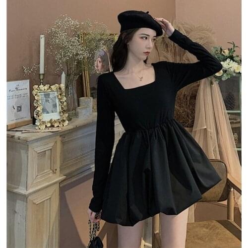 Hi Girl New Black Dress Spring Long Sleeve Square Collar Petticoat Empire Sweet Gothic Mini Ball Gown Girl Dress White