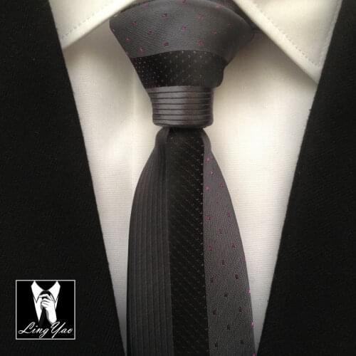 New Design Slim Tie Novelty Panel Necktie Black Stripe with Gray Purple Dots