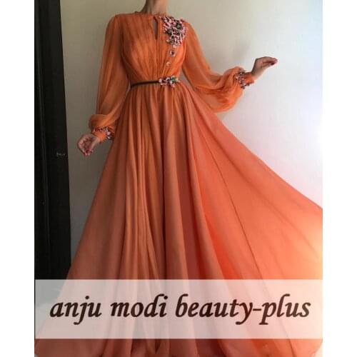 Orange Long Chiffon Appliques Evening Dresses Long Puffy Sleeves Dubai Caftan Formal Evening Party Gowns O Neck Robe De Soiree