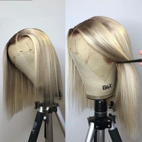 Blunt Cut Short Bob Wig Brazilain Wigs Ombre Gray Wig 13*4 Lace Front Human Hair Wig For Women With Baby Hair Natural Hairline