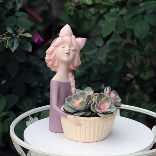 Pastoral Succulent Bonsai Cute Girl Flower Pot Resin Accessories Courtyard Figurines Decoration Garden Outdoor Furnishing Crafts